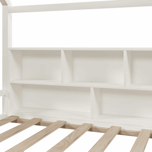 Cama infantil 140x190 cm - com grade de proteção, luzes LED, prateleiras abertas, design em forma de casa, estilo minimalista - branco Cama infantil 140x190 cm - com grade de proteção, luzes LED, prateleiras abertas, design em forma de casa, estilo minimalista - branco