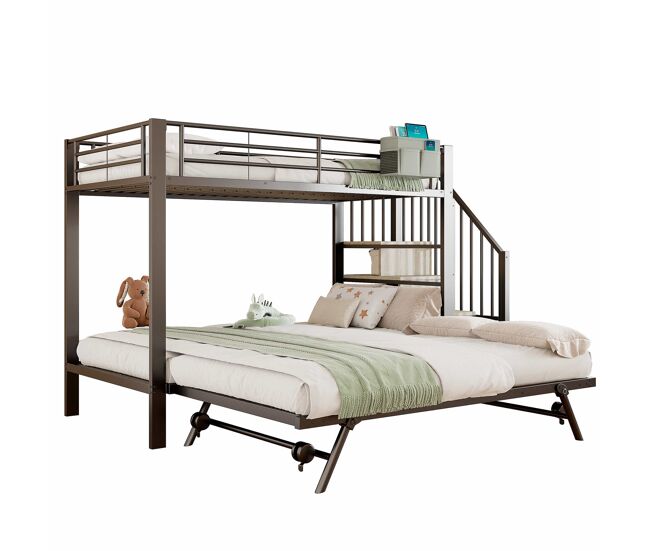 Cama litera, 90 x 200 cm, 180 x 200 cm - estructura de hierro, diseño multifuncional, con almacenamiento - negro