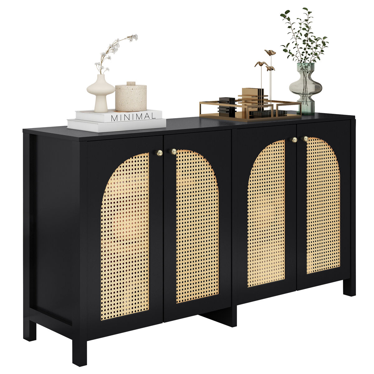 Aparador Moderno Minimalista de Madera con 5 Puertas de Ratán 145 Negro