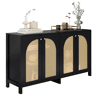 Aparador Moderno Minimalista para Sala de Estar Jantar Móvel Auxiliar de Madeira MDF com 4 Portas de Rotim Palhinha de Arco Arrumação Buffet Armário 145x40x80cm Preto