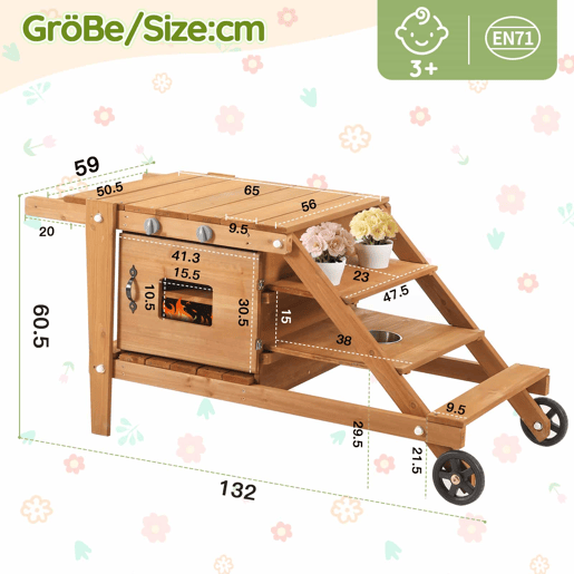 Cozinha infantil de exterior com rodas - cozinha de barro para crianças com acessórios, carrinho de comida em madeira, cozinha de jardim para crianças a partir dos 3 anos - natural