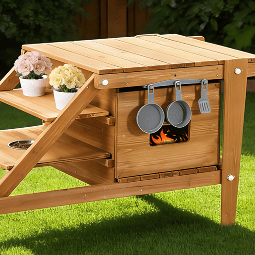 Cozinha infantil de exterior com rodas - cozinha de barro para crianças com acessórios, carrinho de comida em madeira, cozinha de jardim para crianças a partir dos 3 anos - natural
