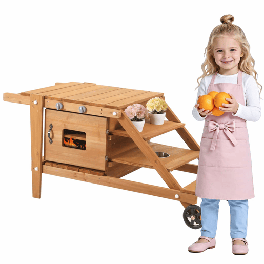 Cozinha infantil de exterior com rodas - cozinha de barro para crianças com acessórios, carrinho de comida em madeira, cozinha de jardim para crianças a partir dos 3 anos - natural