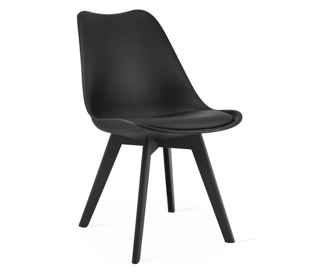 Silla de comedor con asiento y respaldo de plástico, asiento acolchado en polipiel, acabado negro/negro, medidas 49 × 52 × 82 cm.