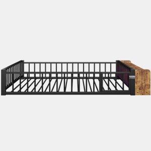 Cama baixa 140 x 200 cm - sem colchão, com grades laterais, compartimentos de arrumação, luzes LED - Preto
