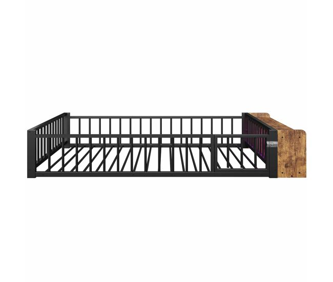Cama baja 140x200 cm - sin colchón, con barandillas, compartimentos de almacenamiento, luces led - negro