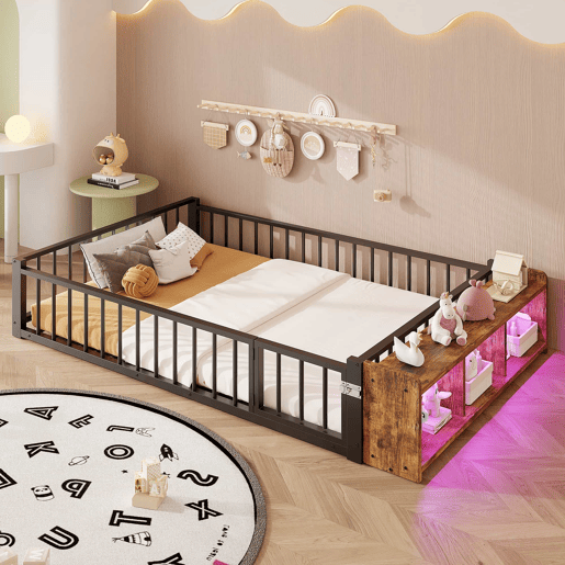 Cama baixa 140 x 200 cm - sem colchão, com grades laterais, compartimentos de arrumação, luzes LED - Preto