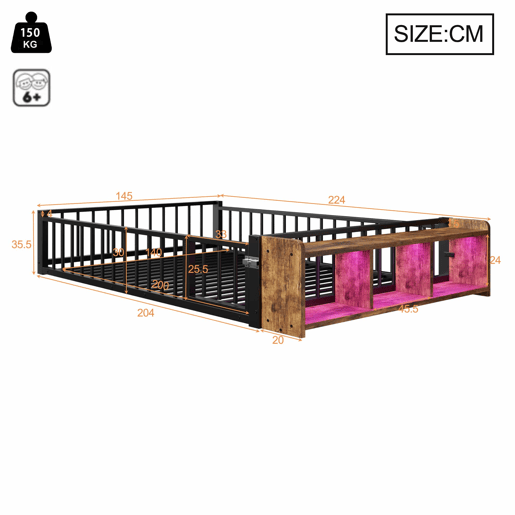 Cama baixa 140 x 200 cm - sem colchão, com grades laterais, compartimentos de arrumação, luzes LED - Preto