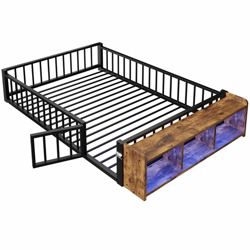 Cama baixa 140 x 200 cm - sem colchão, com grades laterais, compartimentos de arrumação, luzes LED - Preto