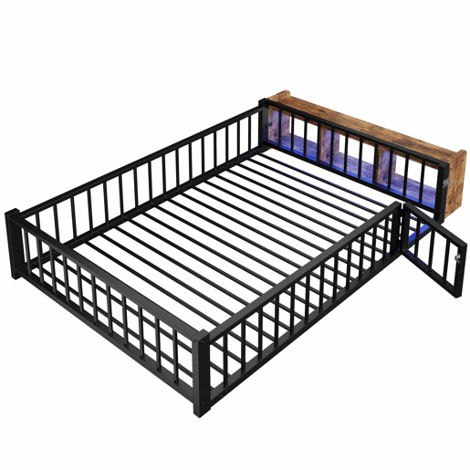 Cama baixa 140 x 200 cm - sem colchão, com grades laterais, compartimentos de arrumação, luzes LED - Preto