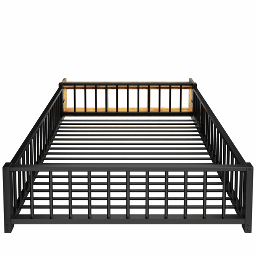 Cama baixa 140 x 200 cm - sem colchão, com grades laterais, compartimentos de arrumação, luzes LED - Preto