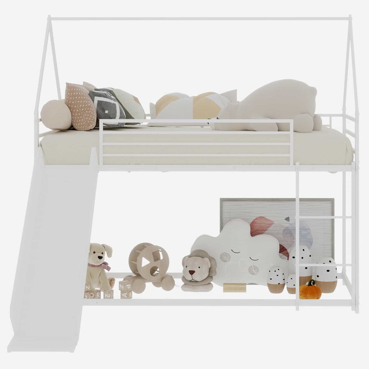 Cama alta infantil twin - segura con escalera - blanca