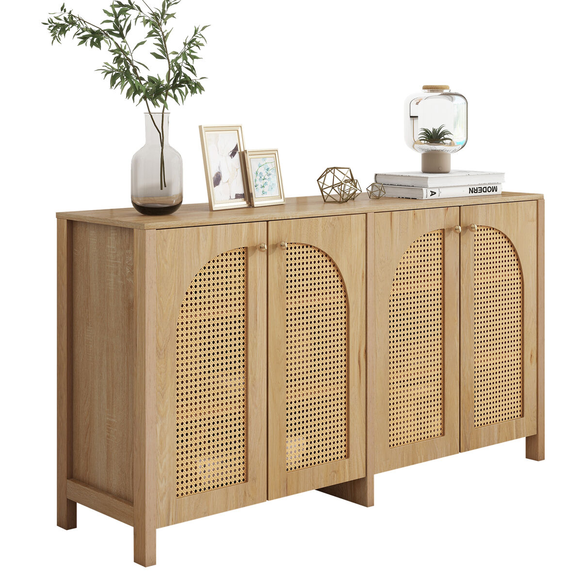Aparador Moderno Minimalista de Madera con 5 Puertas de Ratán 145 Natural