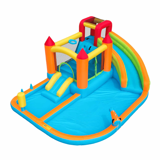 Castelo insuflável com 2 piscinas - Com ventilador, escorrega aquático + trampolim + aro de basquetebol + pistola de água, uso seco e molhado