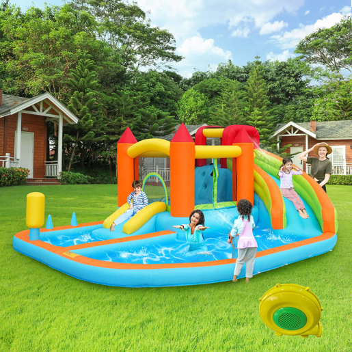 Castelo insuflável com 2 piscinas - Com ventilador, escorrega aquático + trampolim + aro de basquetebol + pistola de água, uso seco e molhado
