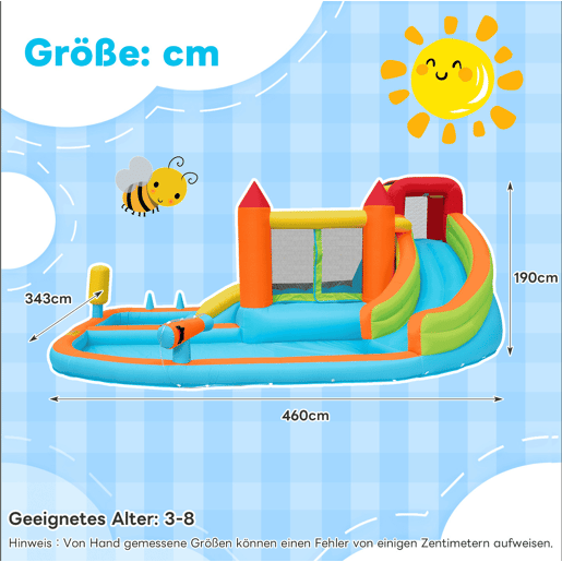Castelo insuflável com 2 piscinas - Com ventilador, escorrega aquático + trampolim + aro de basquetebol + pistola de água, uso seco e molhado