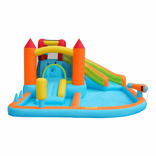 Castelo insuflável com 2 piscinas - Com ventilador, escorrega aquático + trampolim + aro de basquetebol + pistola de água, uso seco e molhado