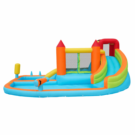 Castelo insuflável com 2 piscinas - Com ventilador, escorrega aquático + trampolim + aro de basquetebol + pistola de água, uso seco e molhado