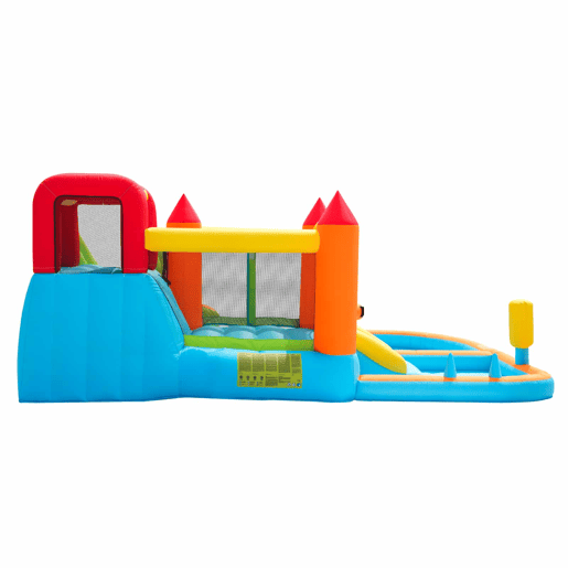 Castelo insuflável com 2 piscinas - Com ventilador, escorrega aquático + trampolim + aro de basquetebol + pistola de água, uso seco e molhado