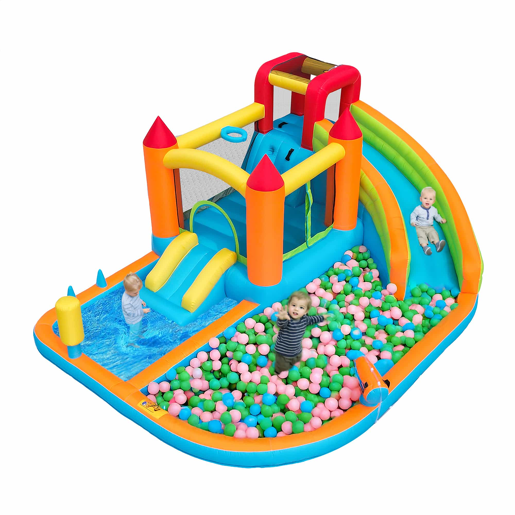 Castelo insuflável com 2 piscinas - Com ventilador, escorrega aquático + trampolim + aro de basquetebol + pistola de água, uso seco e molhado