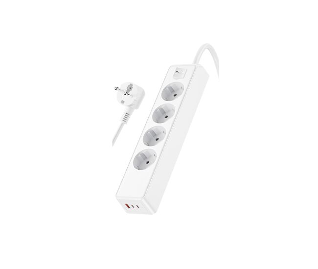 Regleta klack 4 enchufes schuko con 3 usb (1 usb-a + 2 usb-c), cable 1,5m, 3680w 16a, protección 1050j, salida 5v 2.4a pc vde