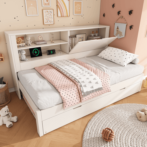 Sofá-cama individual 90x200 - com cama extra, arrumação, USBUSB-C, branco