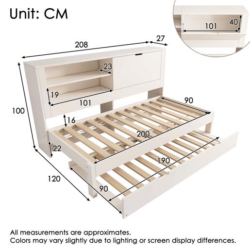 Sofá-cama individual 90x200 - com cama extra, arrumação, USBUSB-C, branco