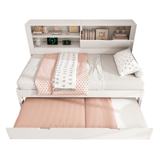 Sofá-cama individual 90x200 - com cama extra, arrumação, USBUSB-C, branco
