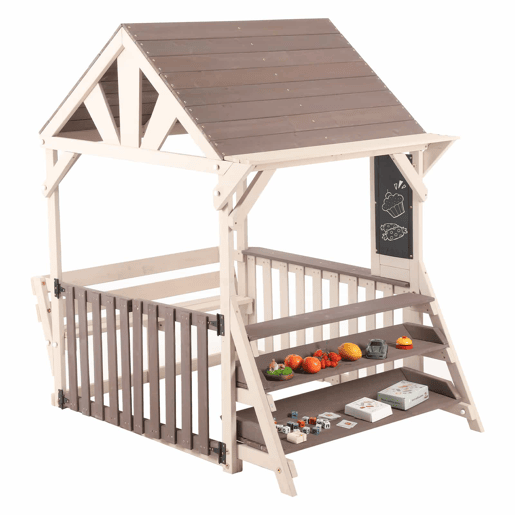 Cozinha infantil de exterior em madeira com formato de casinha - com telhado impermeável e grades semifechadas, prateleira multifuncional para plantas e brinquedos, adequada para crianças a partir dos 3 anos - Cinza + Bege Cozinha infantil de exterior em madeira com formato de casinha - com telhado impermeável e grades semifechadas, prateleira multifuncional para plantas e brinquedos, adequada para crianças a partir dos 3 anos - Cinza + Bege