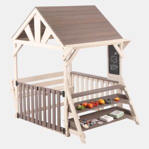 Cozinha infantil de exterior em madeira com formato de casinha - com telhado impermeável e grades semifechadas, prateleira multifuncional para plantas e brinquedos, adequada para crianças a partir dos 3 anos - Cinza + Bege