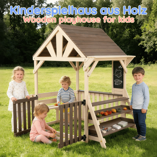 Cozinha infantil de exterior em madeira com formato de casinha - com telhado impermeável e grades semifechadas, prateleira multifuncional para plantas e brinquedos, adequada para crianças a partir dos 3 anos - Cinza + Bege Cozinha infantil de exterior em madeira com formato de casinha - com telhado impermeável e grades semifechadas, prateleira multifuncional para plantas e brinquedos, adequada para crianças a partir dos 3 anos - Cinza + Bege