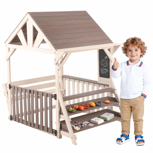 Cozinha infantil de exterior em madeira com formato de casinha - com telhado impermeável e grades semifechadas, prateleira multifuncional para plantas e brinquedos, adequada para crianças a partir dos 3 anos - Cinza + Bege Cozinha infantil de exterior em madeira com formato de casinha - com telhado impermeável e grades semifechadas, prateleira multifuncional para plantas e brinquedos, adequada para crianças a partir dos 3 anos - Cinza + Bege