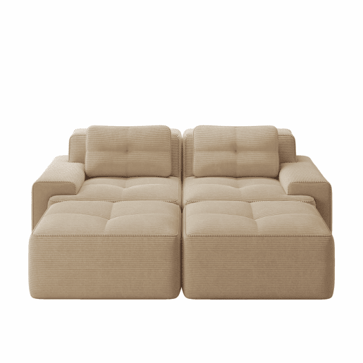 Sofá modular de 2 lugares - Boneless, veludo cotelê, com otomano, assento profundo - Bege Sofá modular de 2 lugares - Boneless, veludo cotelê, com otomano, assento profundo - Bege