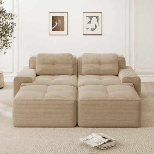 Sofá modular de 2 lugares - Boneless, veludo cotelê, com otomano, assento profundo - Bege Sofá modular de 2 lugares - Boneless, veludo cotelê, com otomano, assento profundo - Bege