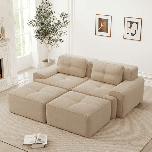 Sofá modular de 2 lugares - Boneless, veludo cotelê, com otomano, assento profundo - Bege Sofá modular de 2 lugares - Boneless, veludo cotelê, com otomano, assento profundo - Bege