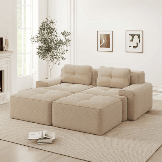 Sofá modular de 2 lugares - Boneless, veludo cotelê, com otomano, assento profundo - Bege Sofá modular de 2 lugares - Boneless, veludo cotelê, com otomano, assento profundo - Bege