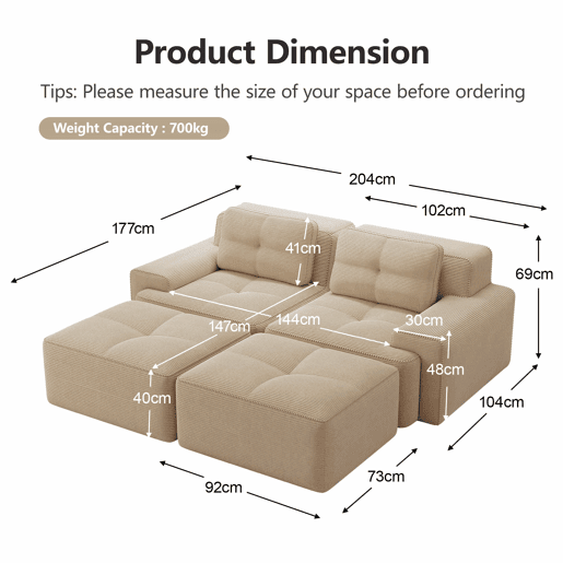 Sofá modular de 2 lugares - Boneless, veludo cotelê, com otomano, assento profundo - Bege Sofá modular de 2 lugares - Boneless, veludo cotelê, com otomano, assento profundo - Bege