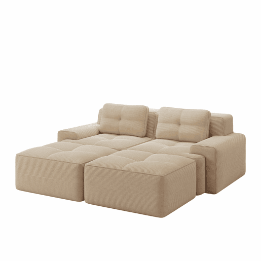Sofá modular de 2 lugares - Boneless, veludo cotelê, com otomano, assento profundo - Bege Sofá modular de 2 lugares - Boneless, veludo cotelê, com otomano, assento profundo - Bege