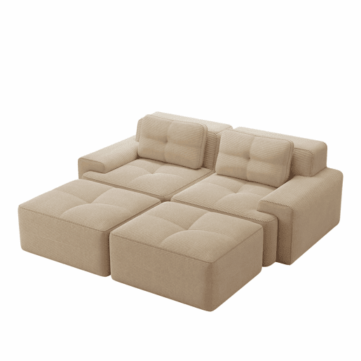 Sofá modular de 2 lugares - Boneless, veludo cotelê, com otomano, assento profundo - Bege Sofá modular de 2 lugares - Boneless, veludo cotelê, com otomano, assento profundo - Bege