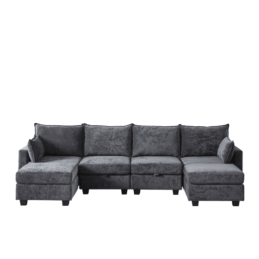 Sofá modular de 6 lugares - Chenille, em forma de U, com arrumação e chaise longue - Cinza Sofá modular de 6 lugares - Chenille, em forma de U, com arrumação e chaise longue - Cinza