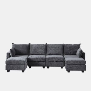 Sofá modular de 6 lugares - Chenille, em forma de U, com arrumação e chaise longue - Cinza
