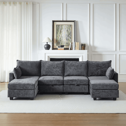 Sofá modular de 6 lugares - Chenille, em forma de U, com arrumação e chaise longue - Cinza Sofá modular de 6 lugares - Chenille, em forma de U, com arrumação e chaise longue - Cinza