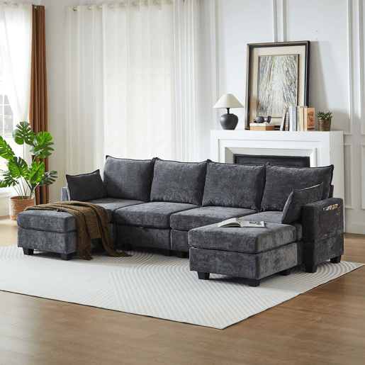 Sofá modular de 6 lugares - Chenille, em forma de U, com arrumação e chaise longue - Cinza Sofá modular de 6 lugares - Chenille, em forma de U, com arrumação e chaise longue - Cinza