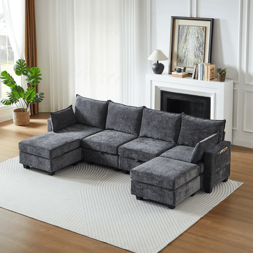 Sofá modular de 6 lugares - Chenille, em forma de U, com arrumação e chaise longue - Cinza Sofá modular de 6 lugares - Chenille, em forma de U, com arrumação e chaise longue - Cinza