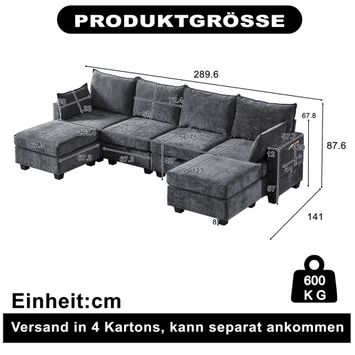 Sofá modular de 6 lugares - Chenille, em forma de U, com arrumação e chaise longue - Cinza Sofá modular de 6 lugares - Chenille, em forma de U, com arrumação e chaise longue - Cinza