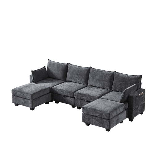 Sofá modular de 6 lugares - Chenille, em forma de U, com arrumação e chaise longue - Cinza Sofá modular de 6 lugares - Chenille, em forma de U, com arrumação e chaise longue - Cinza