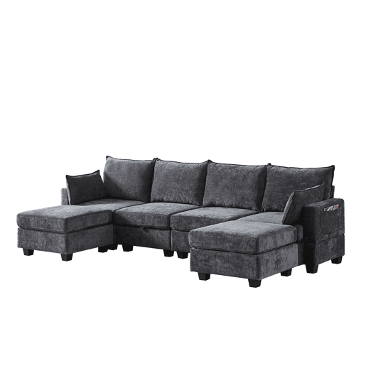 Sofá modular de 6 lugares - Chenille, em forma de U, com arrumação e chaise longue - Cinza Sofá modular de 6 lugares - Chenille, em forma de U, com arrumação e chaise longue - Cinza