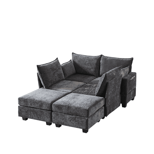 Sofá modular de 6 lugares - Chenille, em forma de U, com arrumação e chaise longue - Cinza Sofá modular de 6 lugares - Chenille, em forma de U, com arrumação e chaise longue - Cinza