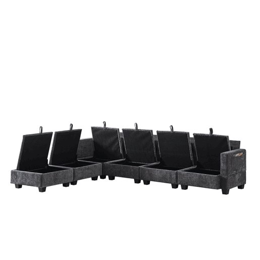 Sofá modular de 6 lugares - Chenille, em forma de U, com arrumação e chaise longue - Cinza Sofá modular de 6 lugares - Chenille, em forma de U, com arrumação e chaise longue - Cinza