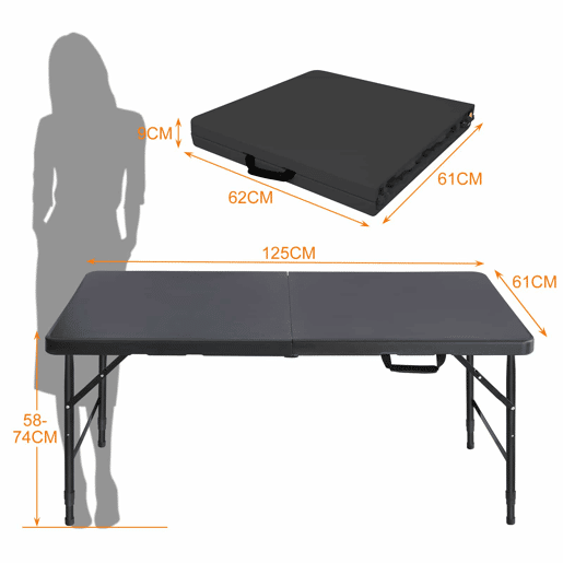Mesa dobrável portátil de 125 cm - resistente, com altura ajustável, multifuncional, ideal para acampamentos e festas - preta Mesa dobrável portátil de 125 cm - resistente, com altura ajustável, multifuncional, ideal para acampamentos e festas - preta